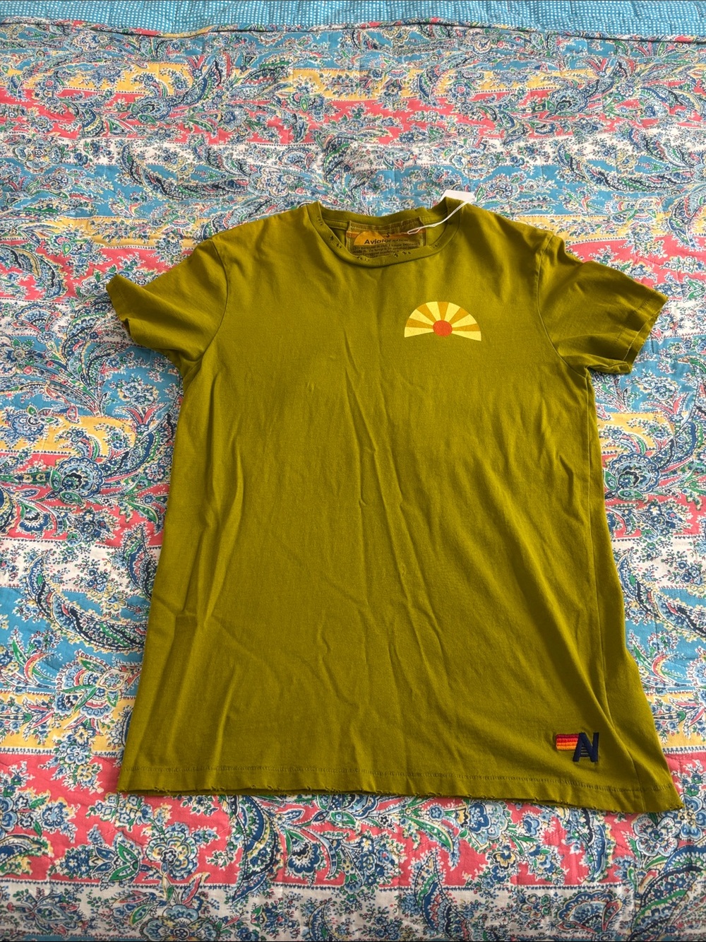 NWT Aviator Nation Olive Green Women's Graphic Tee with Sunrise Accent